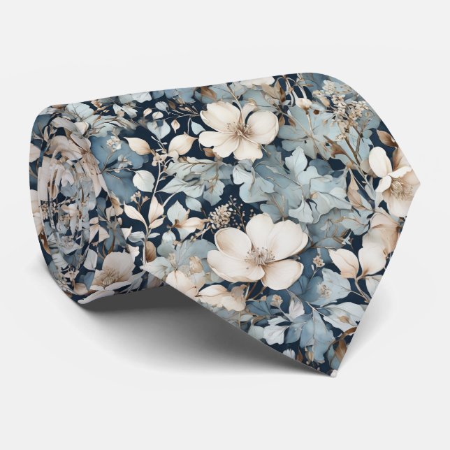 Watercolor blues and cream floral neck tie (Rolled)