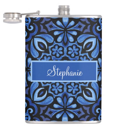 Watercolor Blues Mediterranean Tile Design Flask
