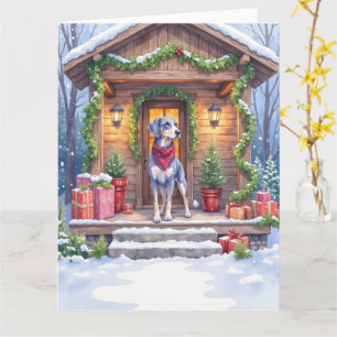 Watercolor Bluetick Coonhound Cabin Porch Christma Card