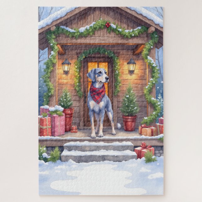 Watercolor Bluetick Coonhound Cabin Porch Christma Jigsaw Puzzle (Vertical)