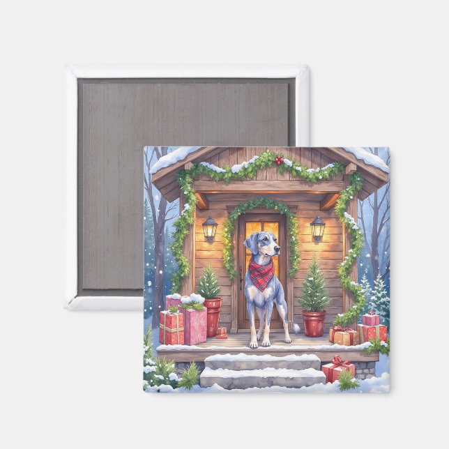 Watercolor Bluetick Coonhound Cabin Porch Christma Magnet (Front/Back)