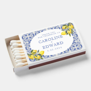 Watercolor Bluetile Mediterranean Lemon Wedding Matchboxes