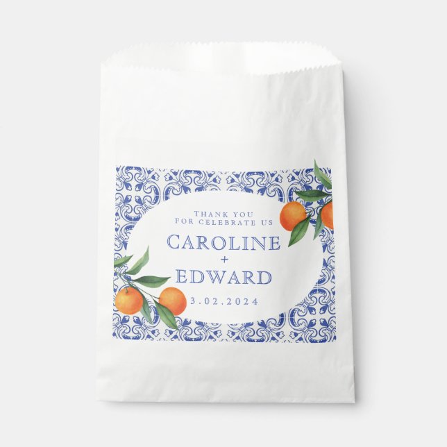 Watercolor Bluetile Mediterranean Wedding Favor Bag (Front)
