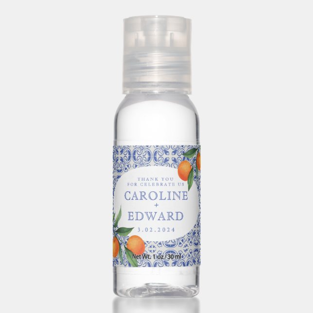 Watercolor Bluetile Mediterranean Wedding Hand Sanitizer (Front)