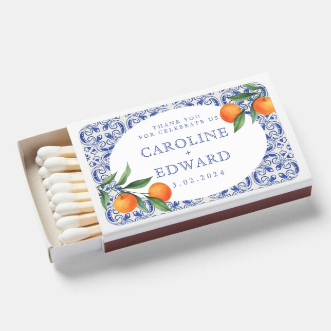 Watercolor Bluetile Mediterranean Wedding Matchboxes (Front Open)