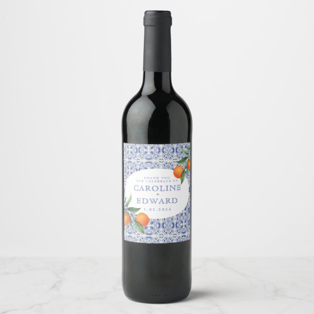 Watercolor Bluetile Mediterranean Wedding Wine Label (Front)