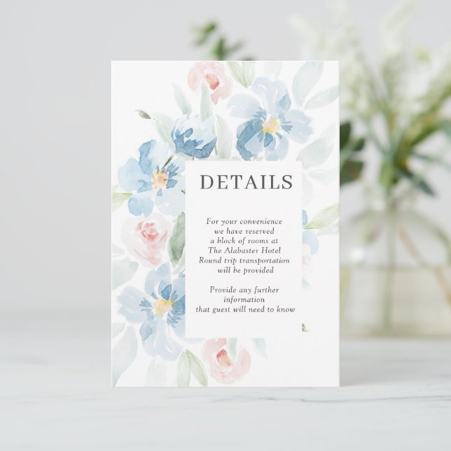 Watercolor Blush and Blue Wedding Details Enclosure Card (Standing Front)