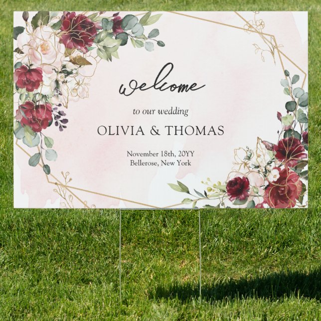 Watercolor blush and burgundy gold wedding welcome sign (Insitu)
