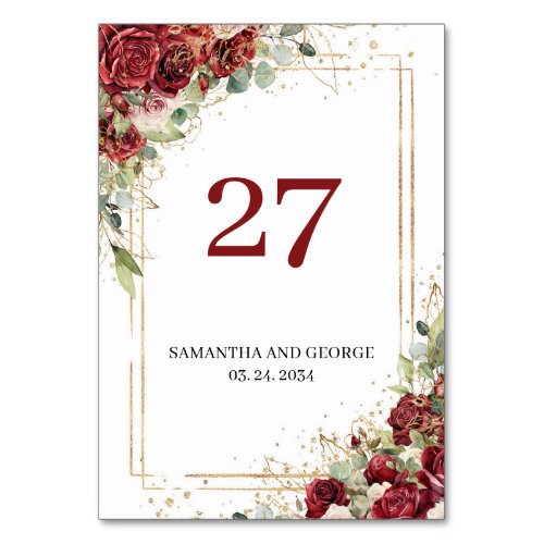 Watercolor blush and burgundy roses table number