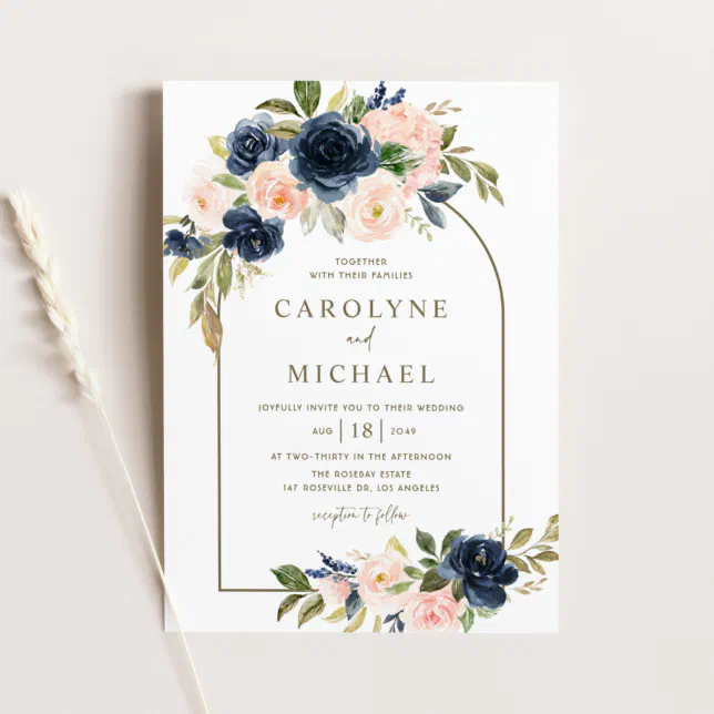 Watercolor Blush and Navy Blue Floral Arch Wedding Invitation | Zazzle