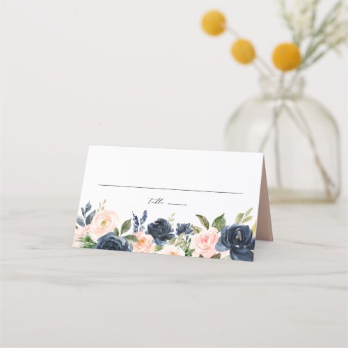 Watercolor Blush and Navy Flowers Garland Wedding Place Card