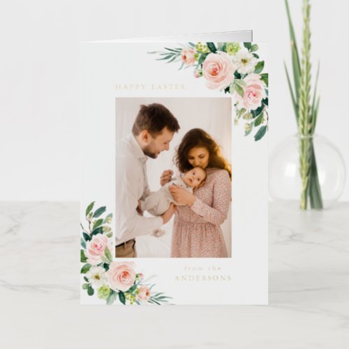 Watercolor Blush and White Floral Photo Easter Foil Holiday Card