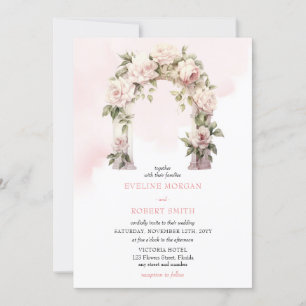 Watercolor blush and white roses wedding arch invitation