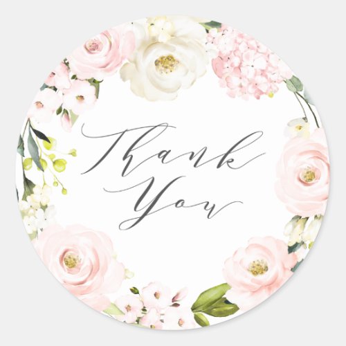 Watercolor Blush and White Thank You Classic Round Sticker