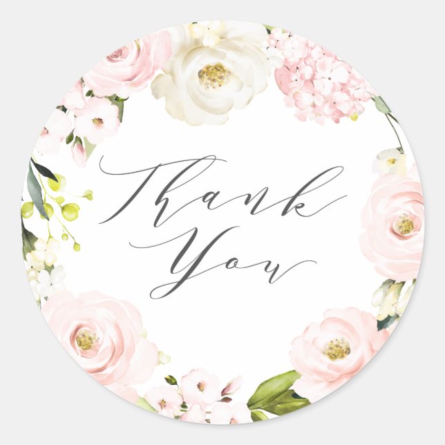 Watercolor Blush and White Thank You Classic Round Sticker (Front)