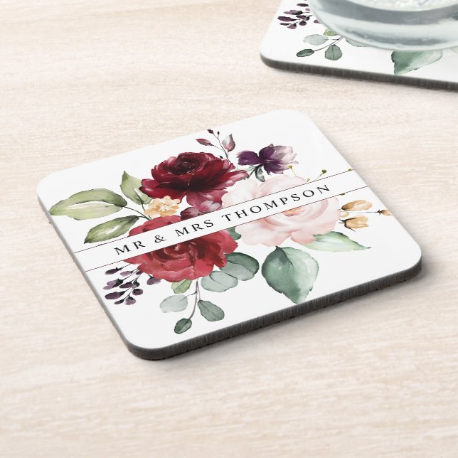 Watercolor Blush and Wine Floral Newlyweds Beverage Coaster (Left Side)
