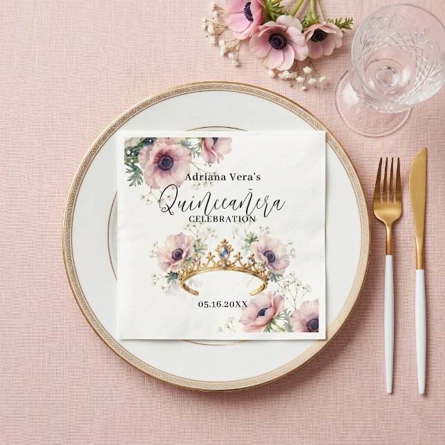 Watercolor Blush Anemones Gold Tiara Quinceañera Napkins (Creator Uploaded)