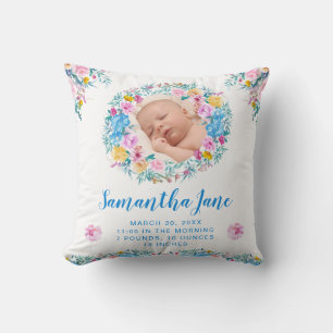 Watercolor Blush & Blue Flowers Baby Photo Throw Pillow