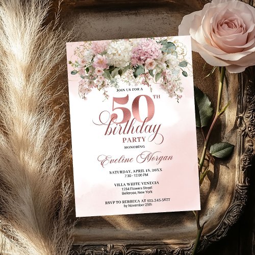 Watercolor Blush Bouquet Gold Greenery 50 Birthday