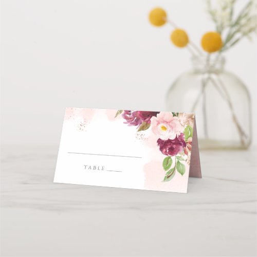 Watercolor Blush Burgundy Floral Wedding Place Card