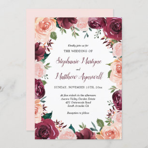 Watercolor Blush Burgundy Rose Border Wedding Invitation