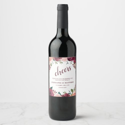 Watercolor Blush Burgundy Roses Floral Wedding Wine Label