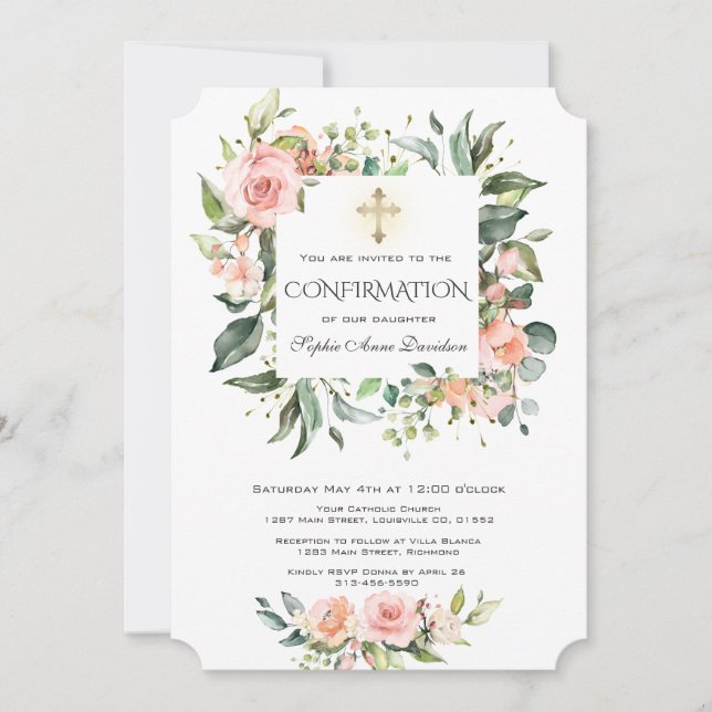 Watercolor Blush Cream Floral Girl Confirmation Invitation (Front)