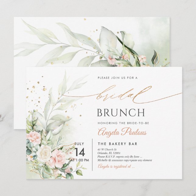 Watercolor Blush Cream Roses Bridal Brunch Invitation (Front/Back)