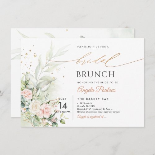 Watercolor Blush Cream Roses Bridal Brunch Invitation