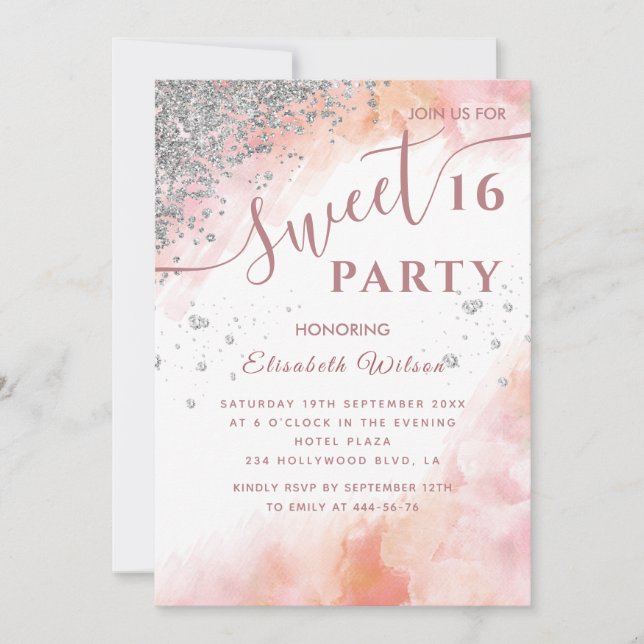 Watercolor blush diamond luxury rose gold sweet 16 invitation (Front)