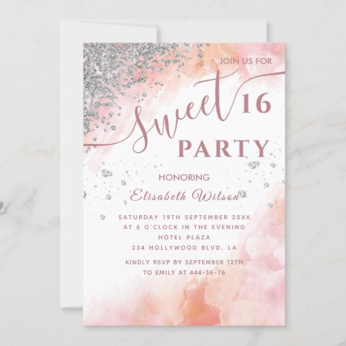 Watercolor blush diamond luxury rose gold sweet 16 invitation