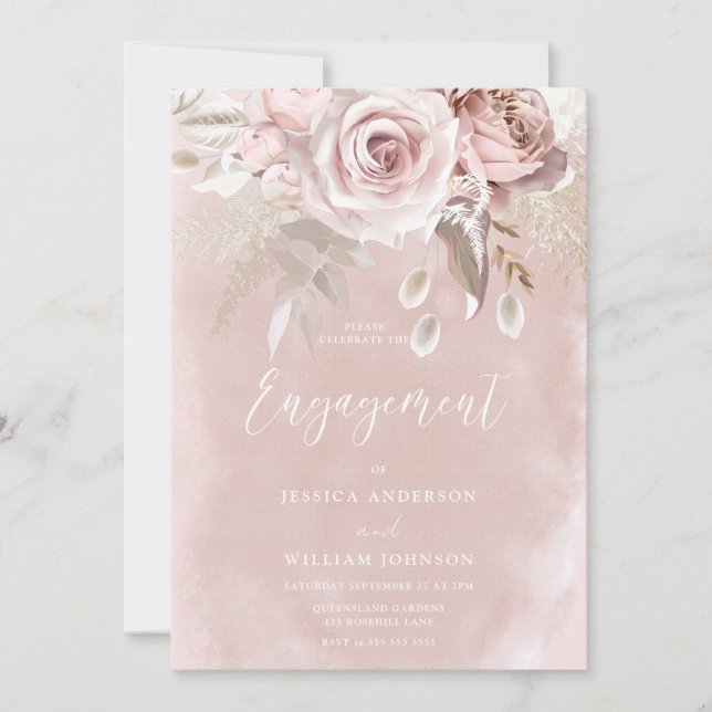Watercolor Blush & Dusty Rose Engagement Party Invitation (Front)
