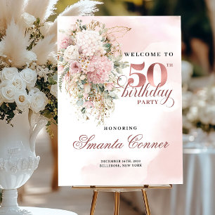 Watercolor Blush Floral 50 Birthday Party Welcome Foam Board