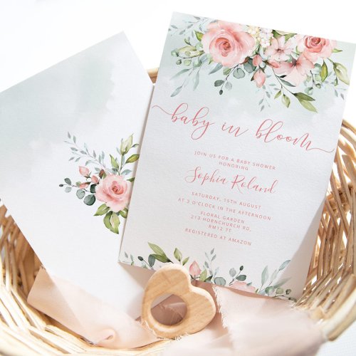 Watercolor blush floral baby in bloom invitation