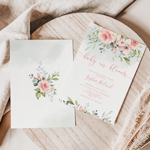 Watercolor blush floral baby in bloom invitation