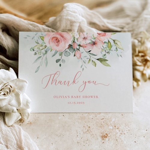 Watercolor blush floral baby shower thank you card