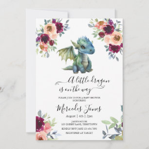 Watercolor Blush Floral Blue Dragon Baby Shower Invitation