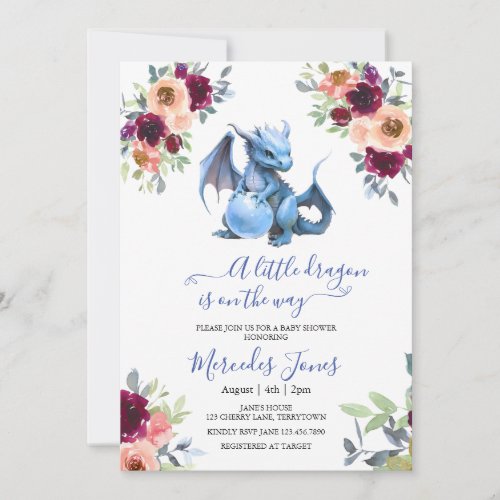 Watercolor Blush Floral Blue Dragon Baby Shower Invitation