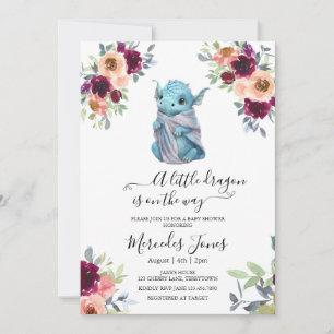 Watercolor Blush Floral Blue Dragon Baby Shower Invitation