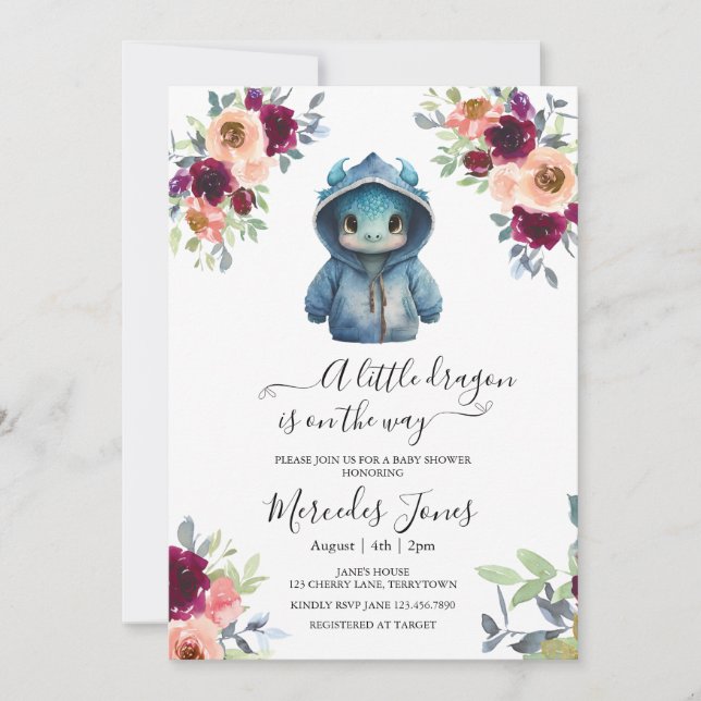 Watercolor Blush Floral Blue Dragon Baby Shower Invitation (Front)