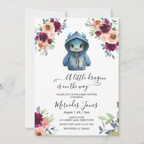 Watercolor Blush Floral Blue Dragon Baby Shower Invitation