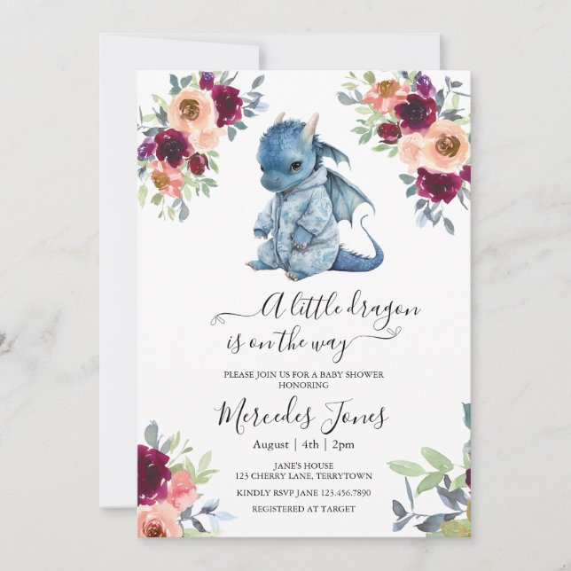 Watercolor Blush Floral Blue Dragon Baby Shower Invitation (Front)