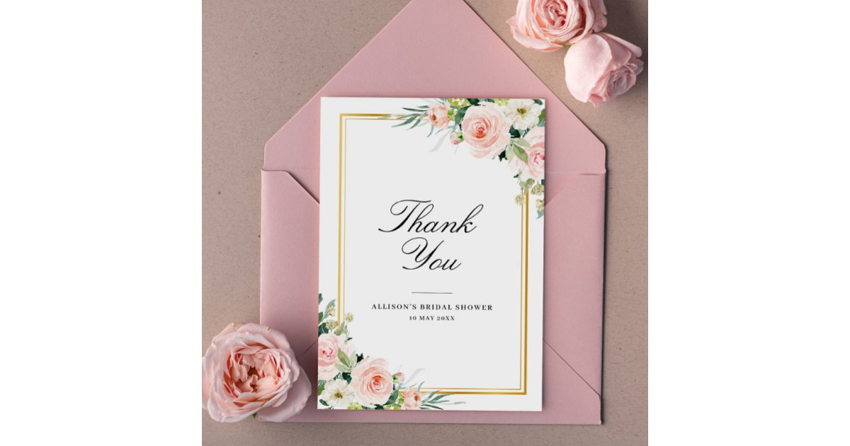 Watercolor blush floral bridal shower thank you card | Zazzle