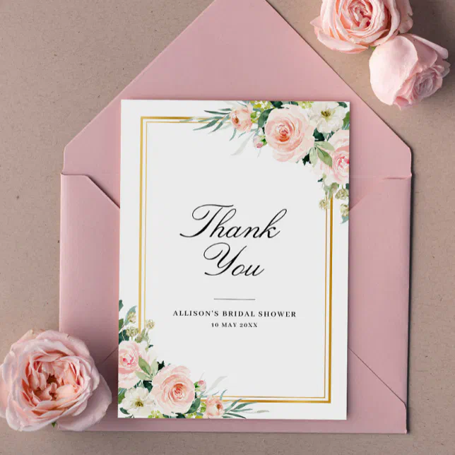 Watercolor blush floral bridal shower thank you card | Zazzle