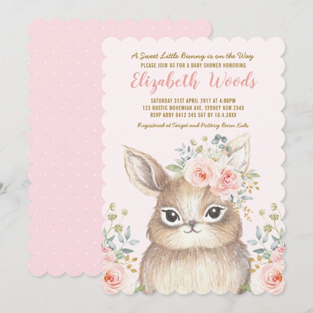 Watercolor Blush Floral Bunny Girl Baby Shower Invitation (Front/Back)