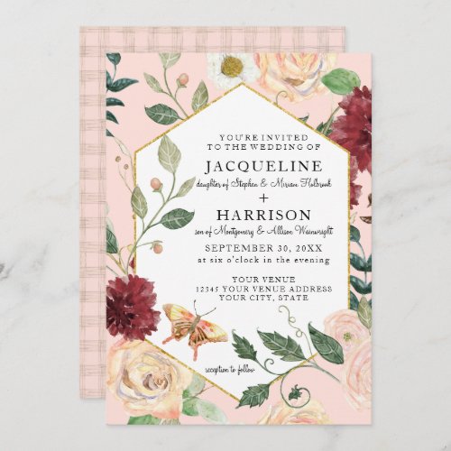 Watercolor Blush Floral Coral Rose Butterfly Invitation