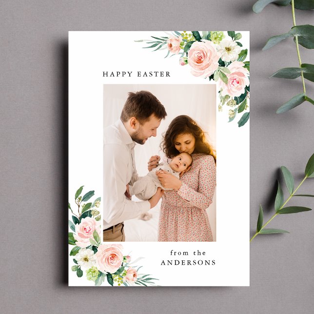 Watercolor Blush Floral Easter Photo Holiday Card (Creator Uploaded)