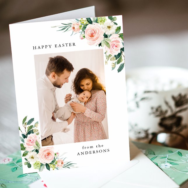 Watercolor Blush Floral Easter Photo Holiday Card (Creator Uploaded)