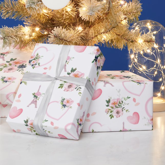 Watercolor Blush Floral Eiffel Tower Pattern Wrapping Paper (Holidays)