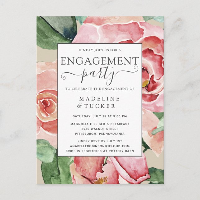 Watercolor Blush Floral Engagement Party Invite (Front)